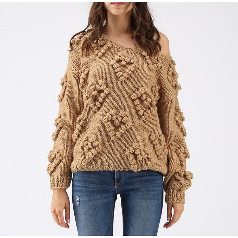 Chicwish Knit Your Love Sweater Large V-Neck Chunky Knit Romantic Pom‎ Pom Tan